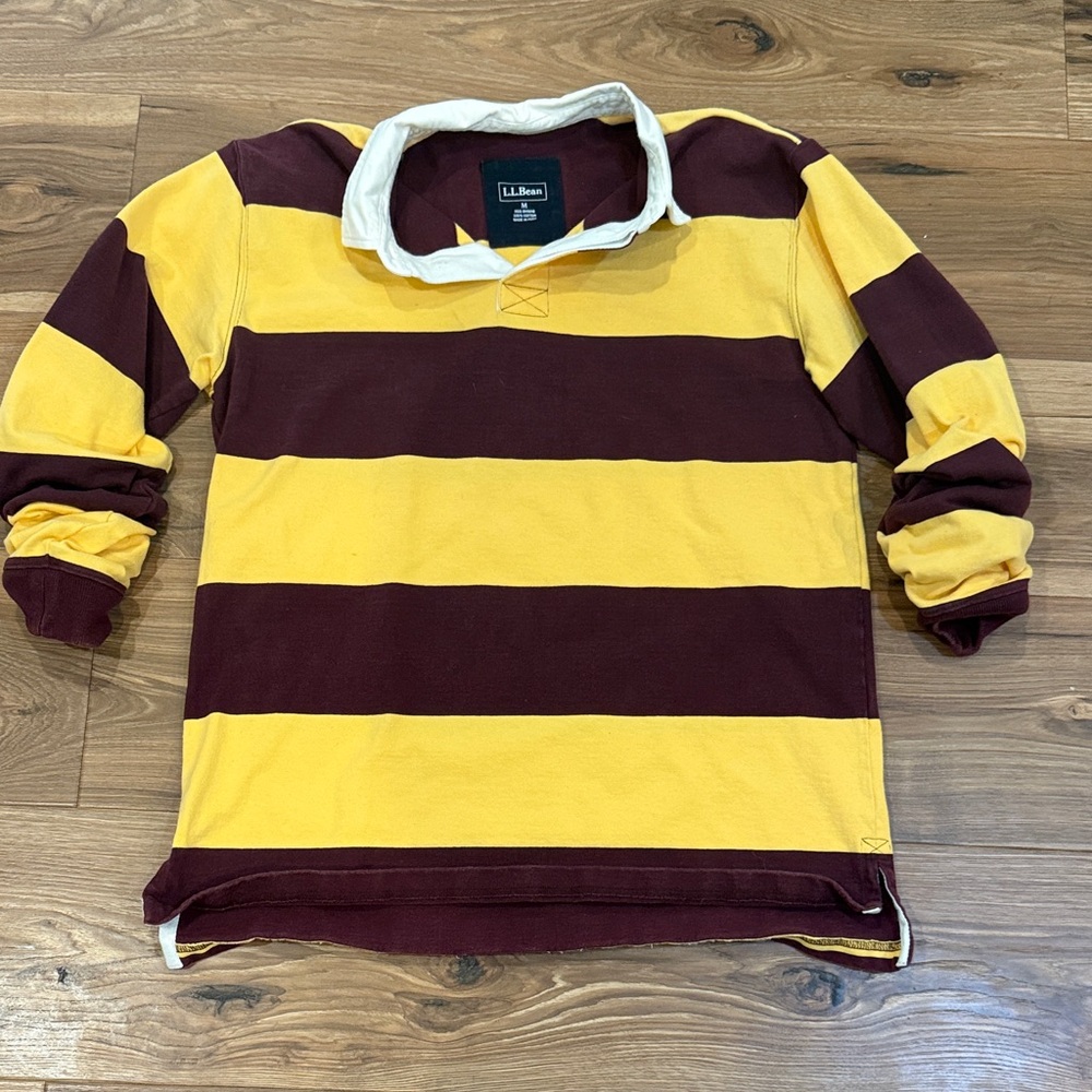 L.L. Bean Men's Burgundy and Yellow Wide-Stripe Rugby Sweater